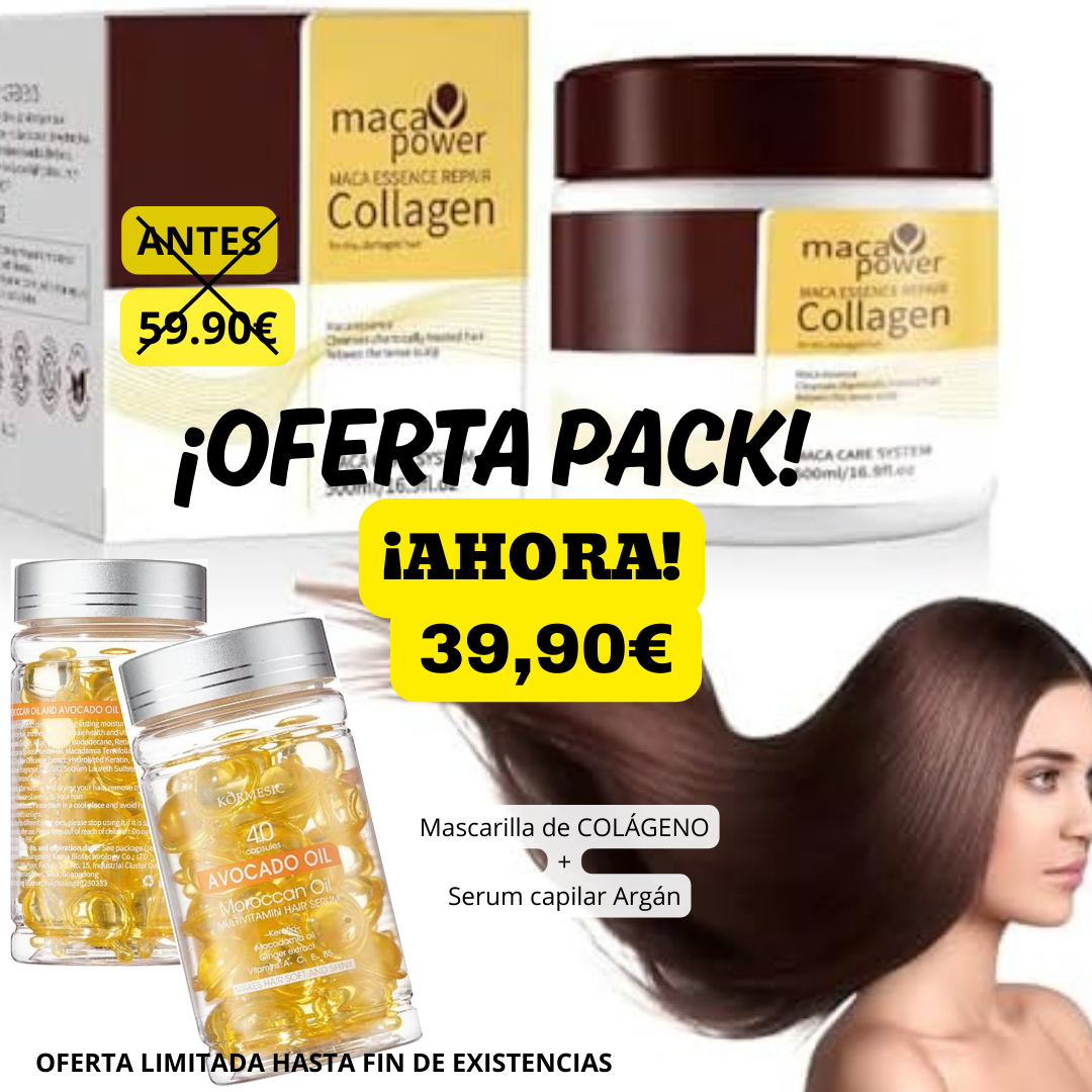 Oferta de pack mascarilla con colágeno y el sérum de argán, juntos son el aliado principal para tu cabello. Ahorra 10€