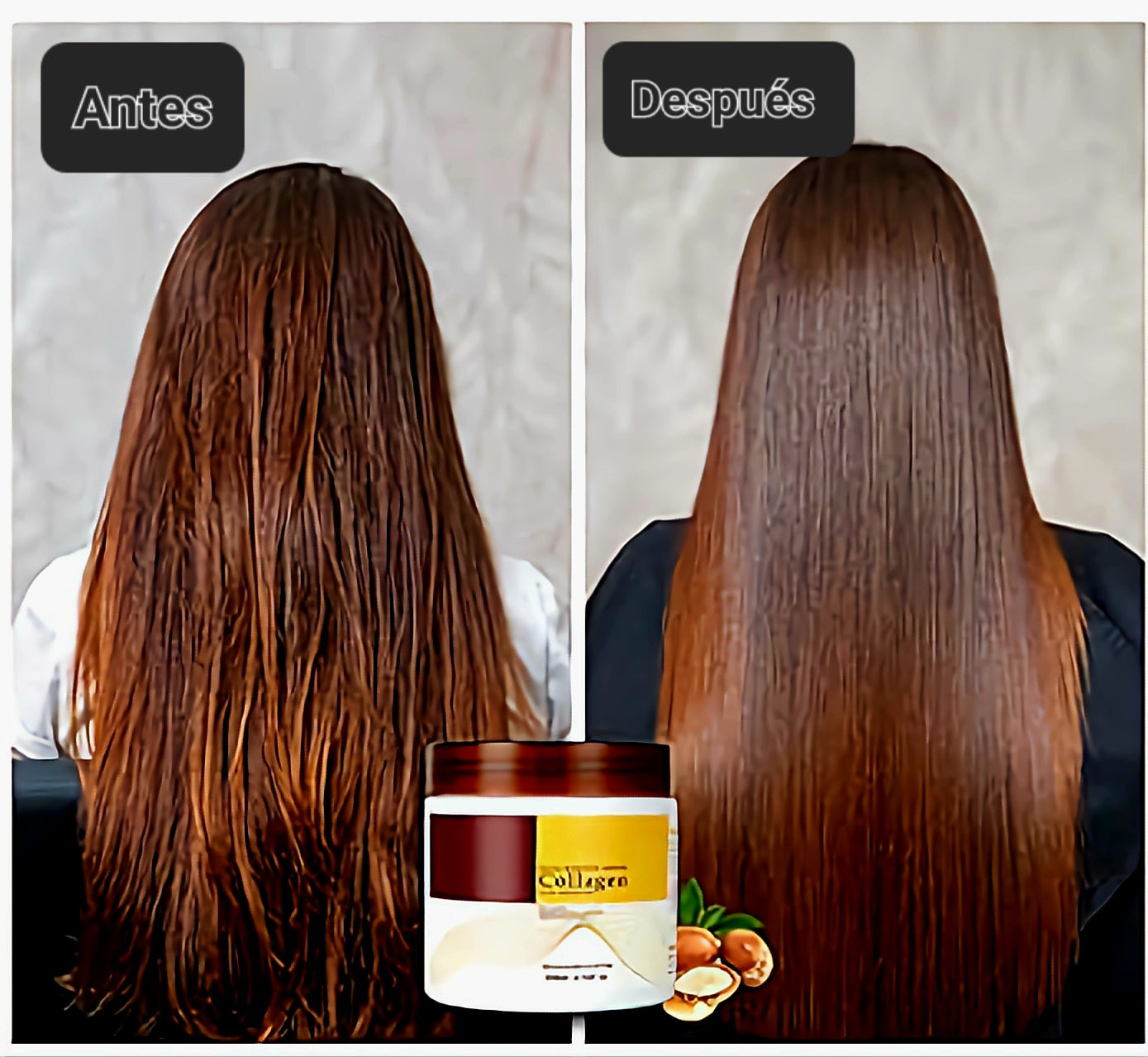 Antes y después de utilizar la mascarilla de colágeno LUSHÉ - transformación capilar con colágeno
