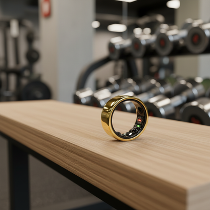 Anillo inteligente QRing dorado en gimnasio - Smartring fitness con sensores