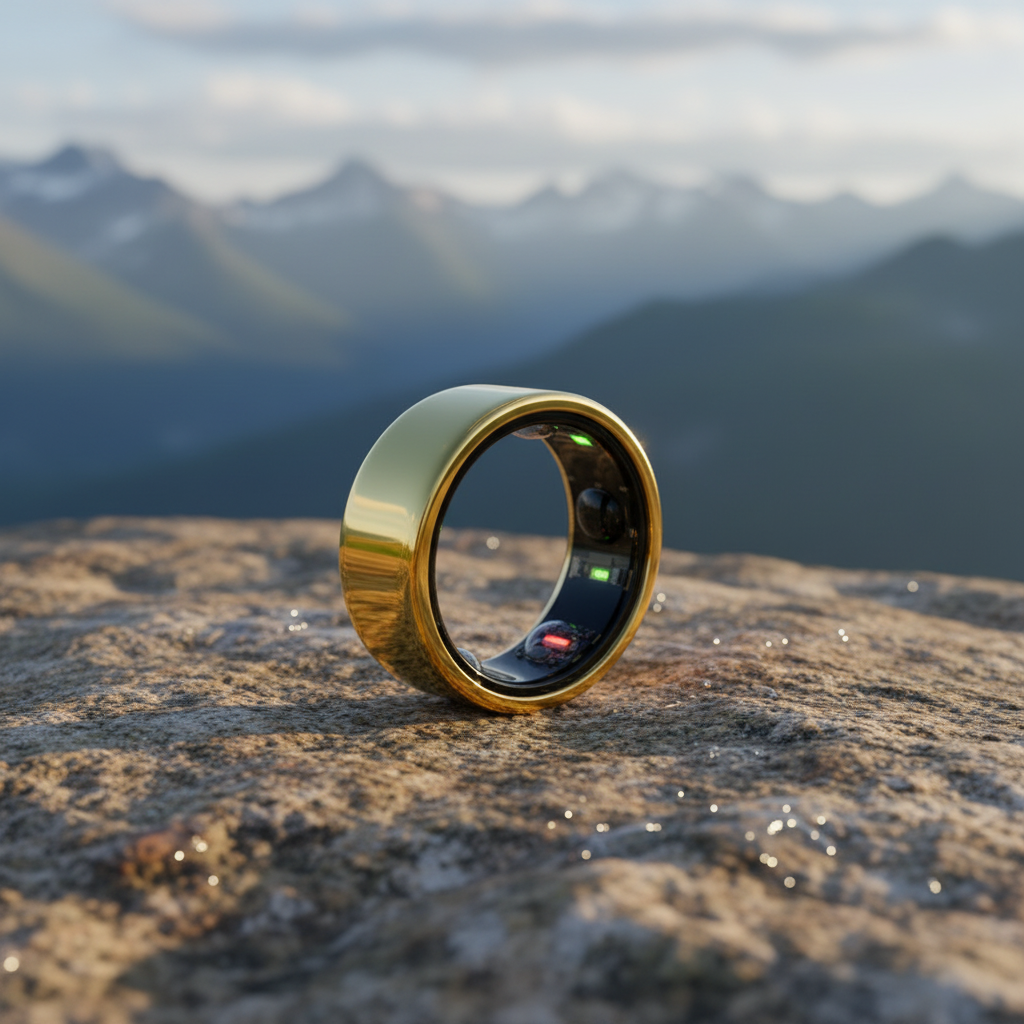 Anillo inteligente QRing dorado en naturaleza - Monitorización salud outdoor