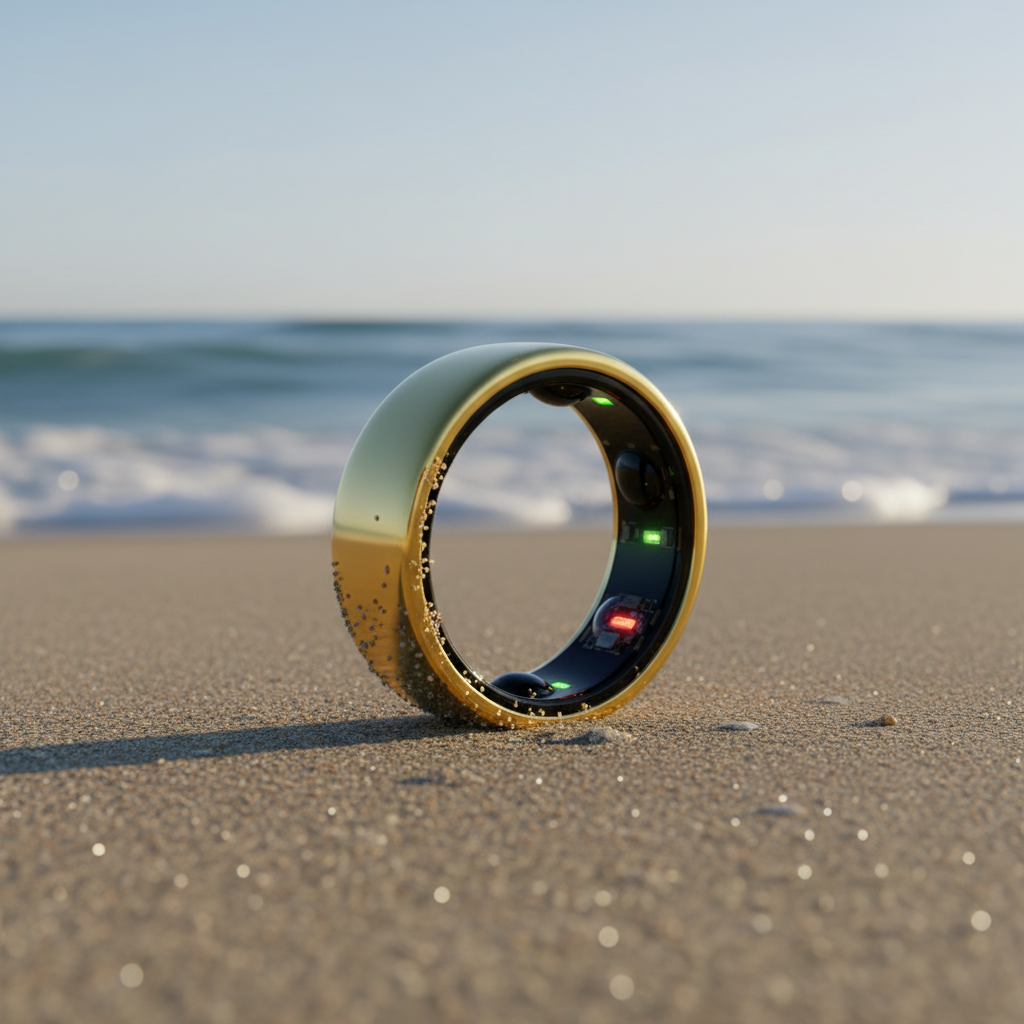 Anillo dorado en playa con tecnología visible