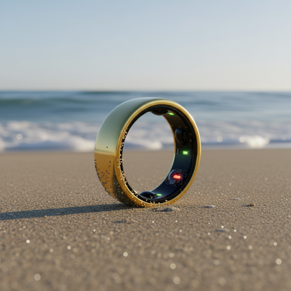 Anillo dorado en playa con tecnología visible