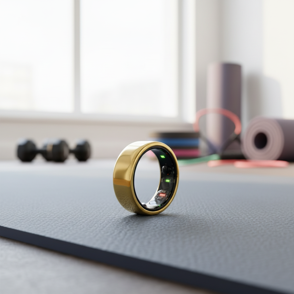 Anillo inteligente QRing dorado en yoga - Tecnología wellness y bienestar