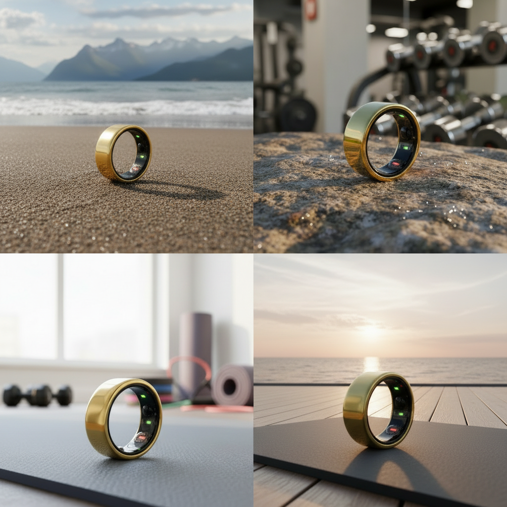 Collage 5 escenarios anillo dorado QRing de acero duradero y resistente al agua