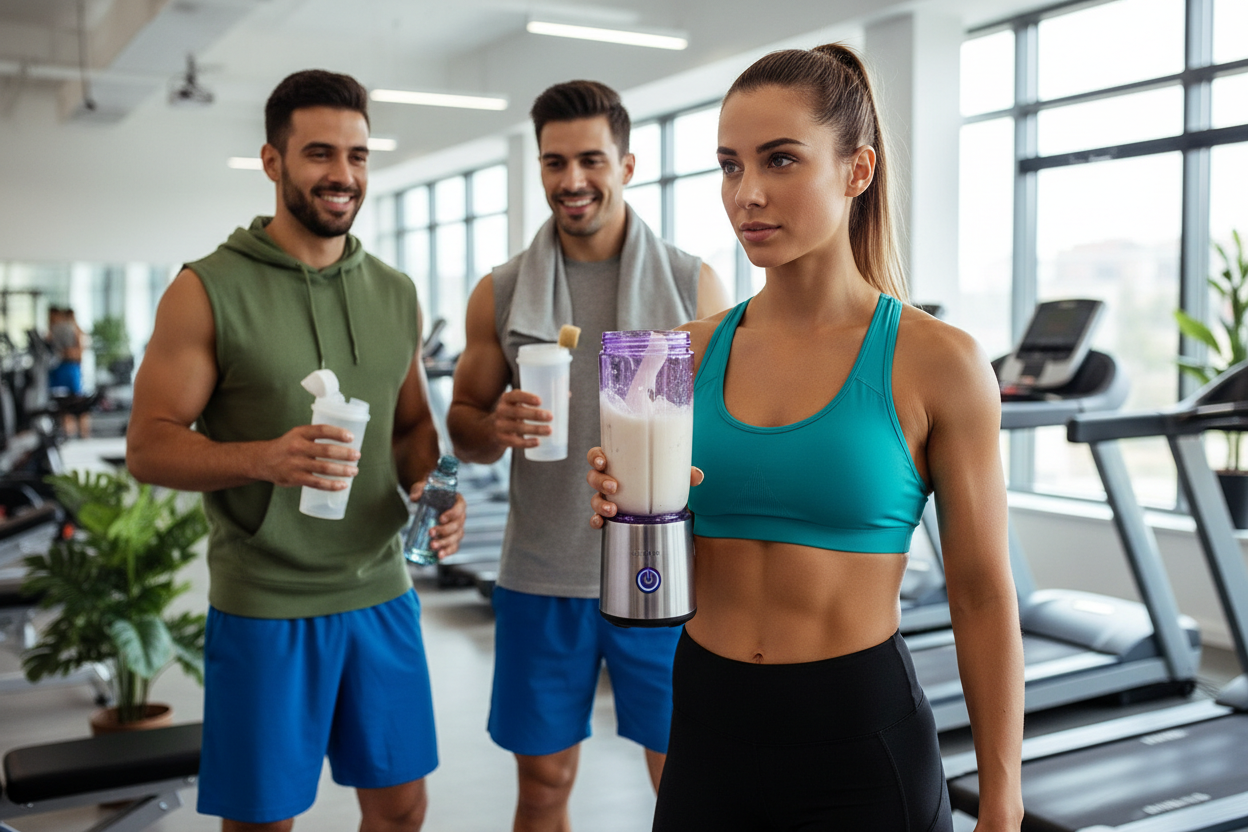 Deportistas preparando batido de proteínas con licuadora portátil