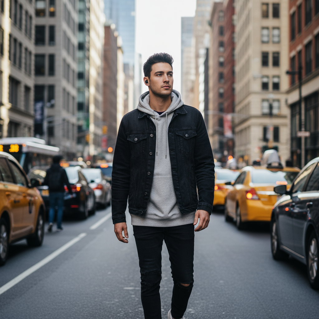 Hombre caminando por ciudad con auriculares GAMINGin ear - sonido envolvente premium - llamadas nítidas