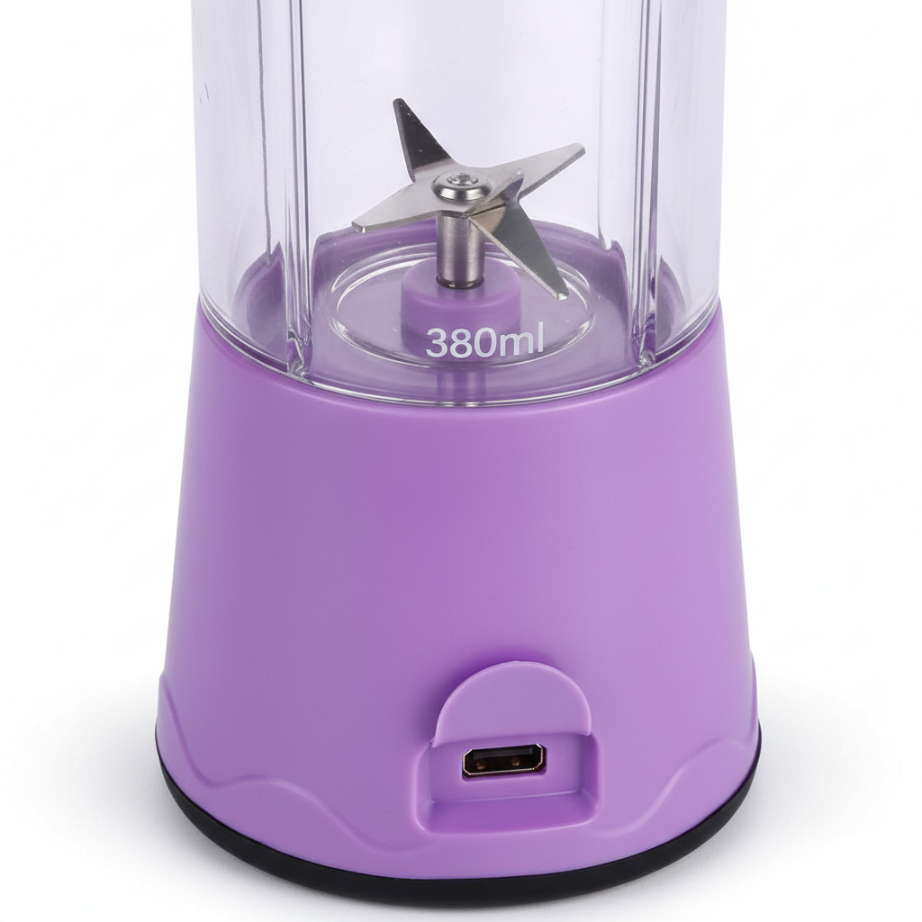 Detalle técnico: cuchillas de acero inoxidable y puerto de carga USB