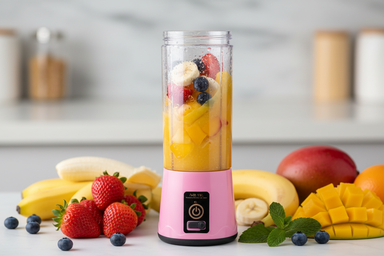 Licuadora portátil en funcionamiento con frutas frescas