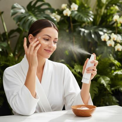Mujer aplicando parches HyalüPach con fondo natural
