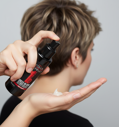 Mujer con pelo corto aplicando tratamiento en mano