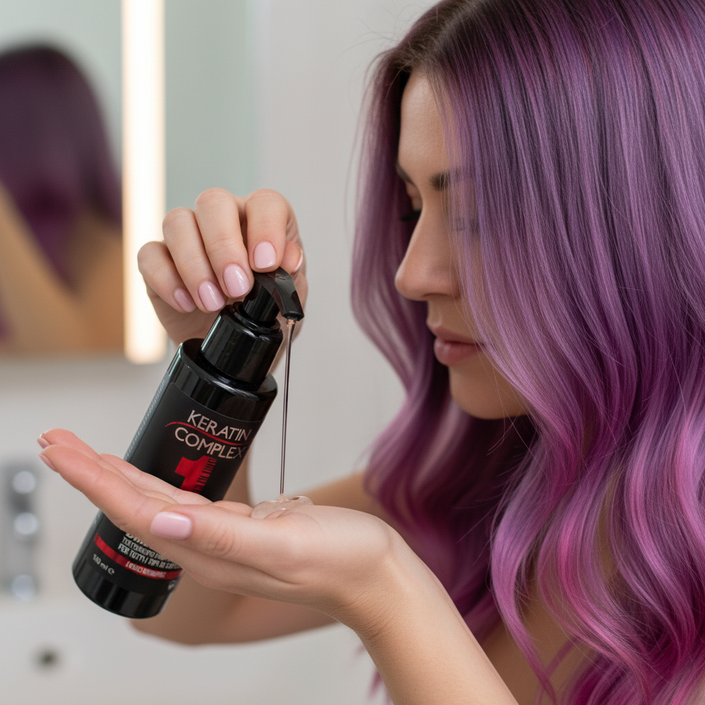 Mujer con pelo teñido aplicando tratamiento en mano