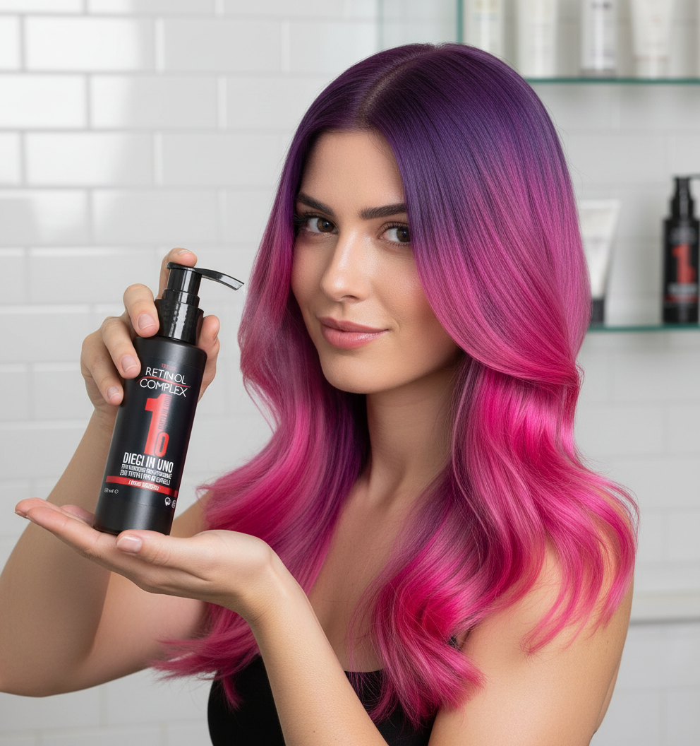 Mujer con pelo teñido usando tratamiento