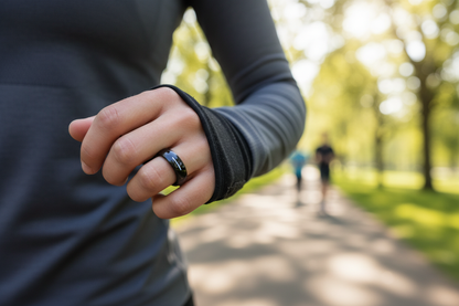 Mujer corriendo con anillo inteligente Qring Pasos y Calorías  Mantente al tanto de tu actividad diaria y calorías quemadas.