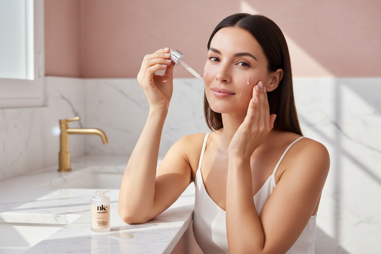 Mujer joven usando NK Serum+ con resveratrol