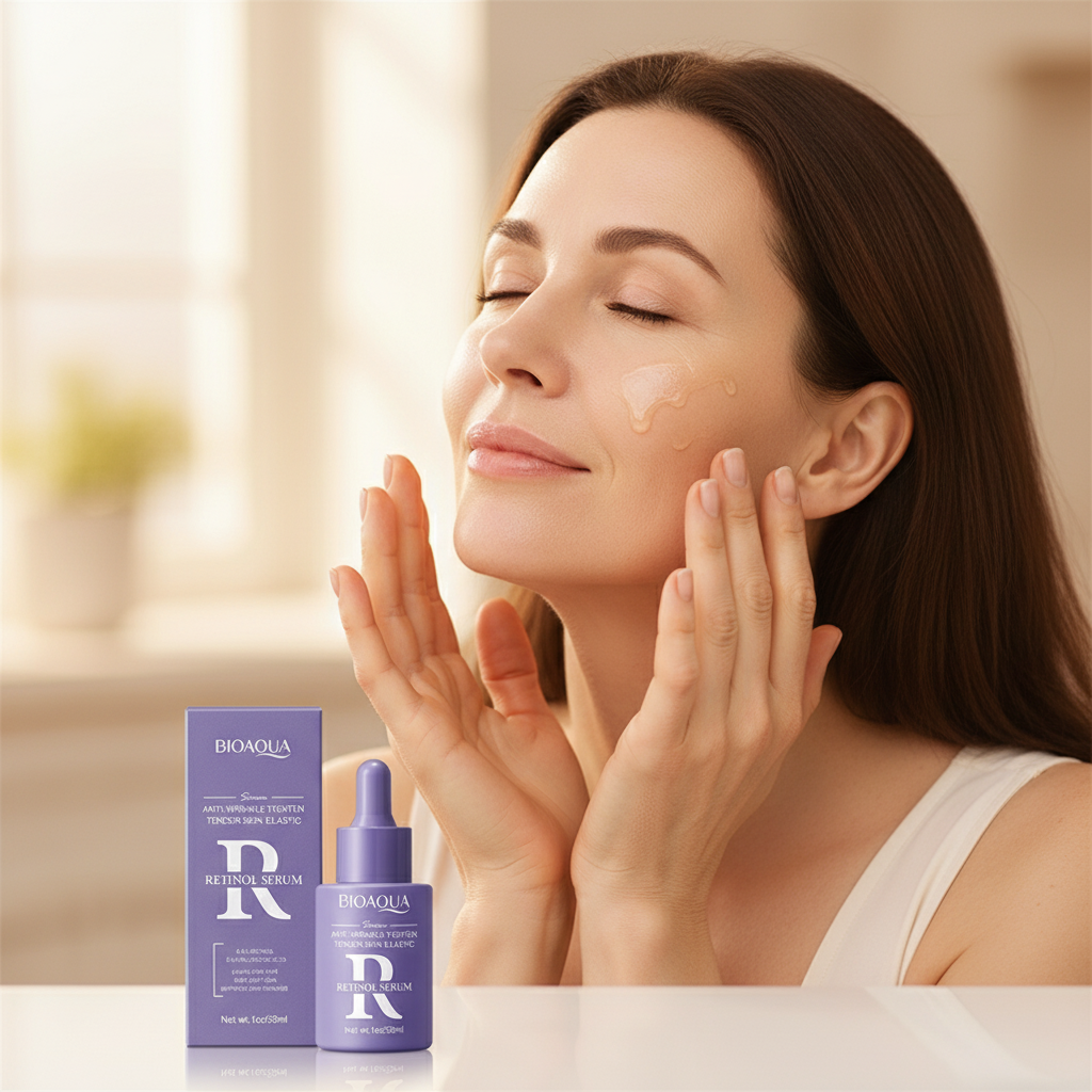 Mujer masajeando sérum