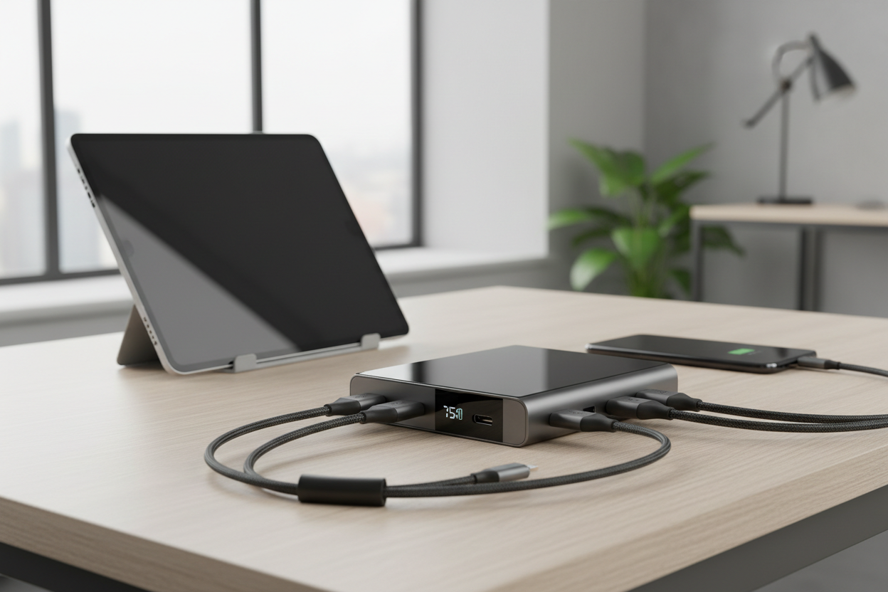 Powerbank sobre mesa cargando dispositivos