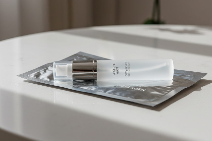 tiene que ser sólo la bolsa de los parches con el bote de espray de colágeno encima de una mesa